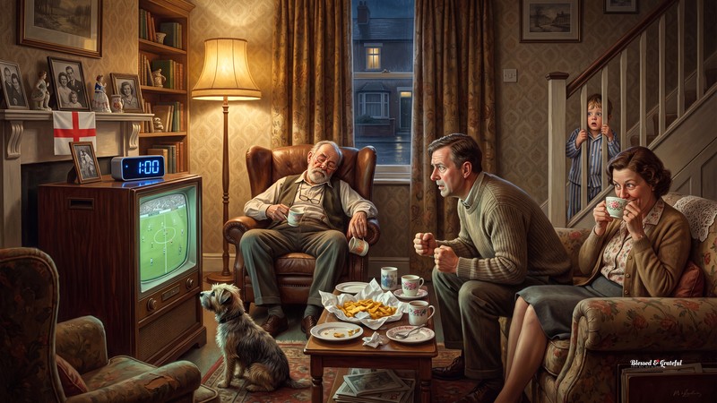 Painting in the mid-century narrative-realist tradition: an English family watches the match at 1am — grandfather asleep in his armchair with a tilting tea mug, father on the sofa's edge with fists clenched, mother smiling behind her teacup, a child in pyjamas peeking through the stair rails, a terrier watching the screen — a St George's Cross on the mantelpiece, and one deliberately modern object: a digital clock glowing 1:00 on the wooden television set.