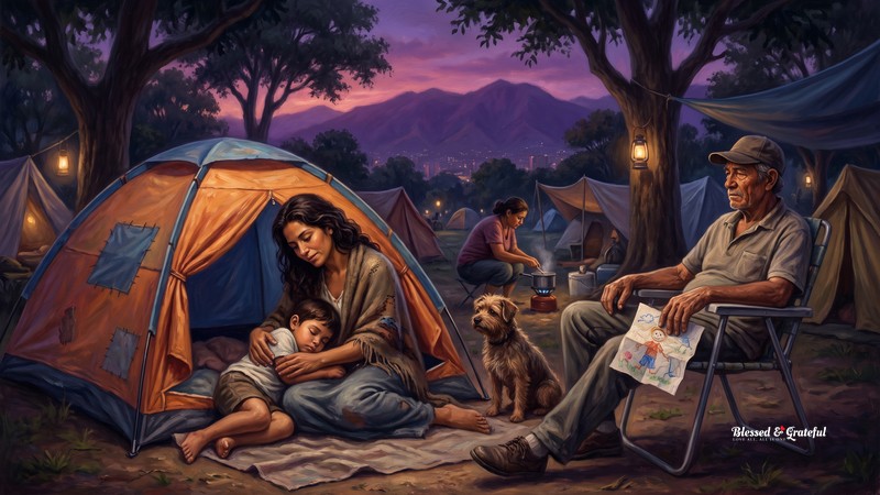 Painting in the narrative-realist tradition: at dusk in a Caracas public park now serving as a tent village, a Venezuelan family sits outside a small orange-and-blue tent — a mother holds a young child asleep against her shoulder, an older man rests in a folding chair with a folded child's drawing on his lap under his hand, a small dog watches, a woman a little further away crouches over a camp stove; more tents scatter under the trees, silhouettes of neighbours going about the small business of a long night; the Cordillera de la Costa mountains fade into a violet-and-rose twilight sky behind Caracas, and warm lantern light glows from inside a few tents.